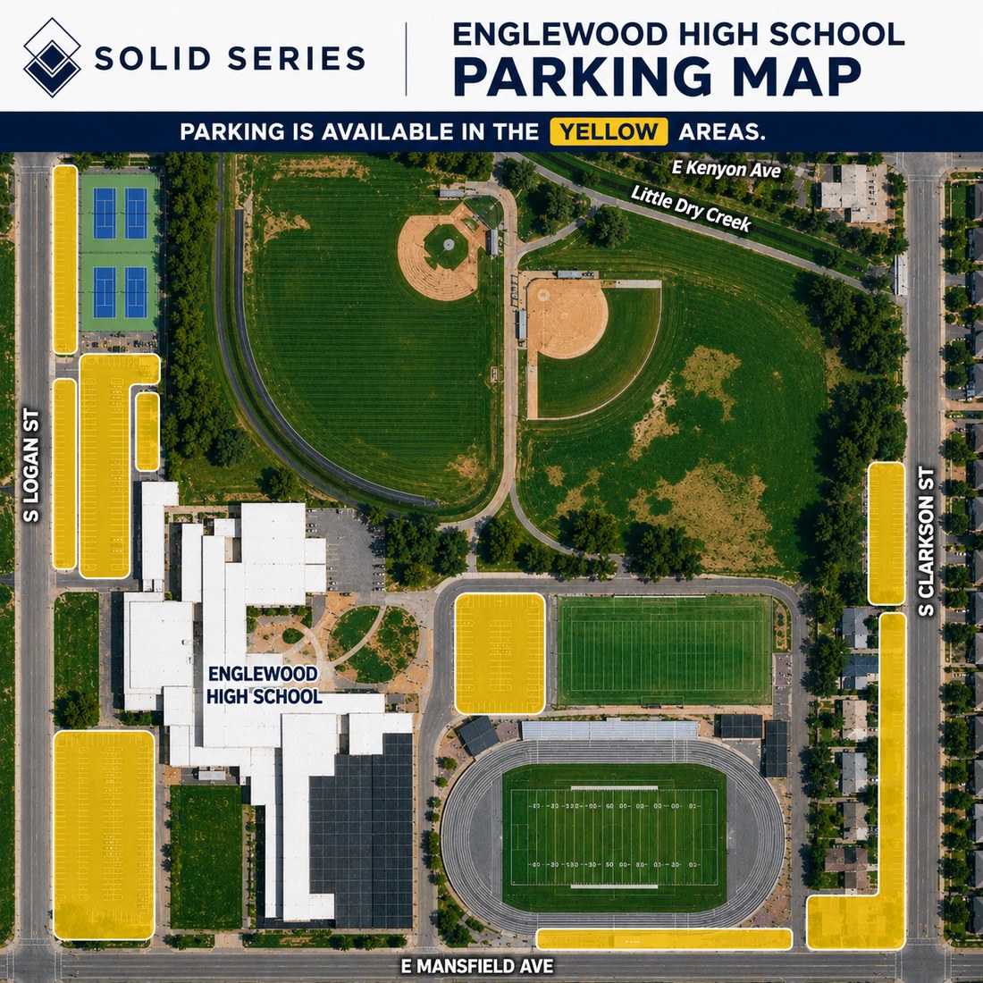 Englewood High School parking map — parking is available in the yellow areas