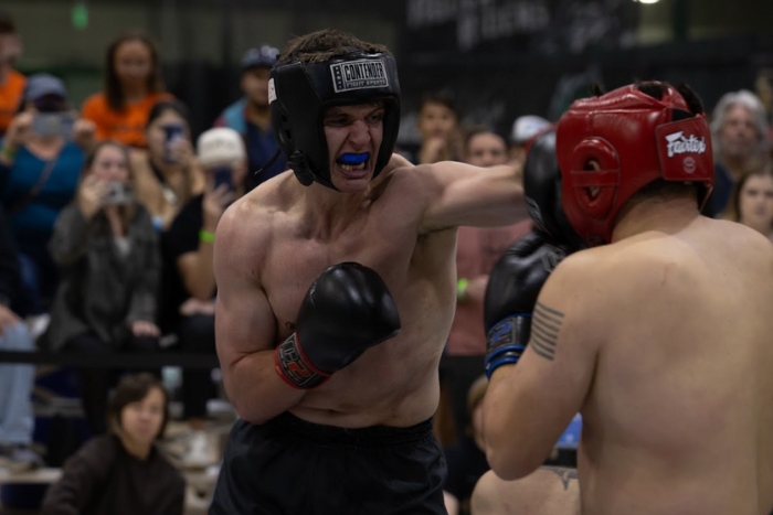 Two Muay Thai fighters during a bout.